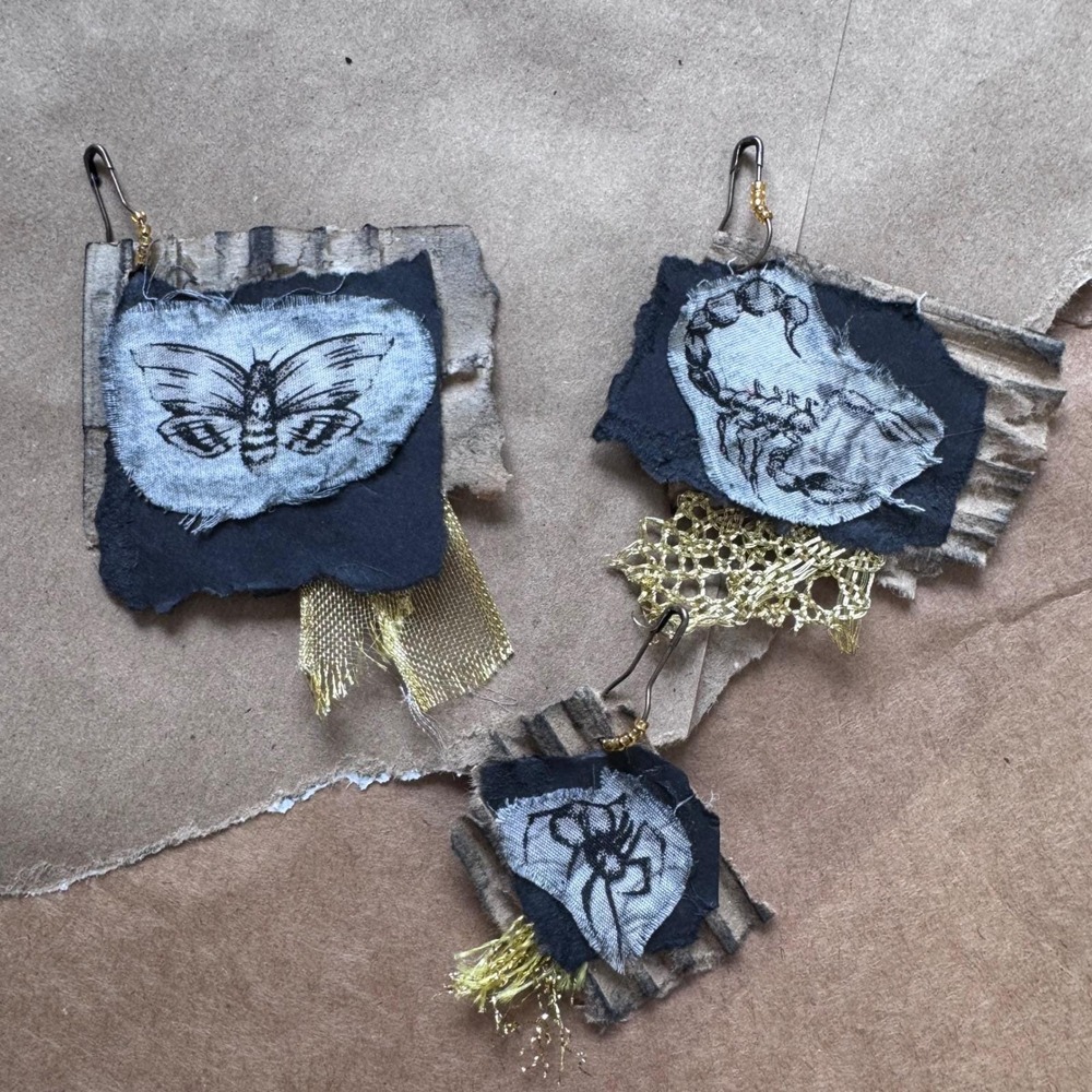 Handmade gothic scrappy tags set of 3 insect black, gold, pin whimsigoth whimsy